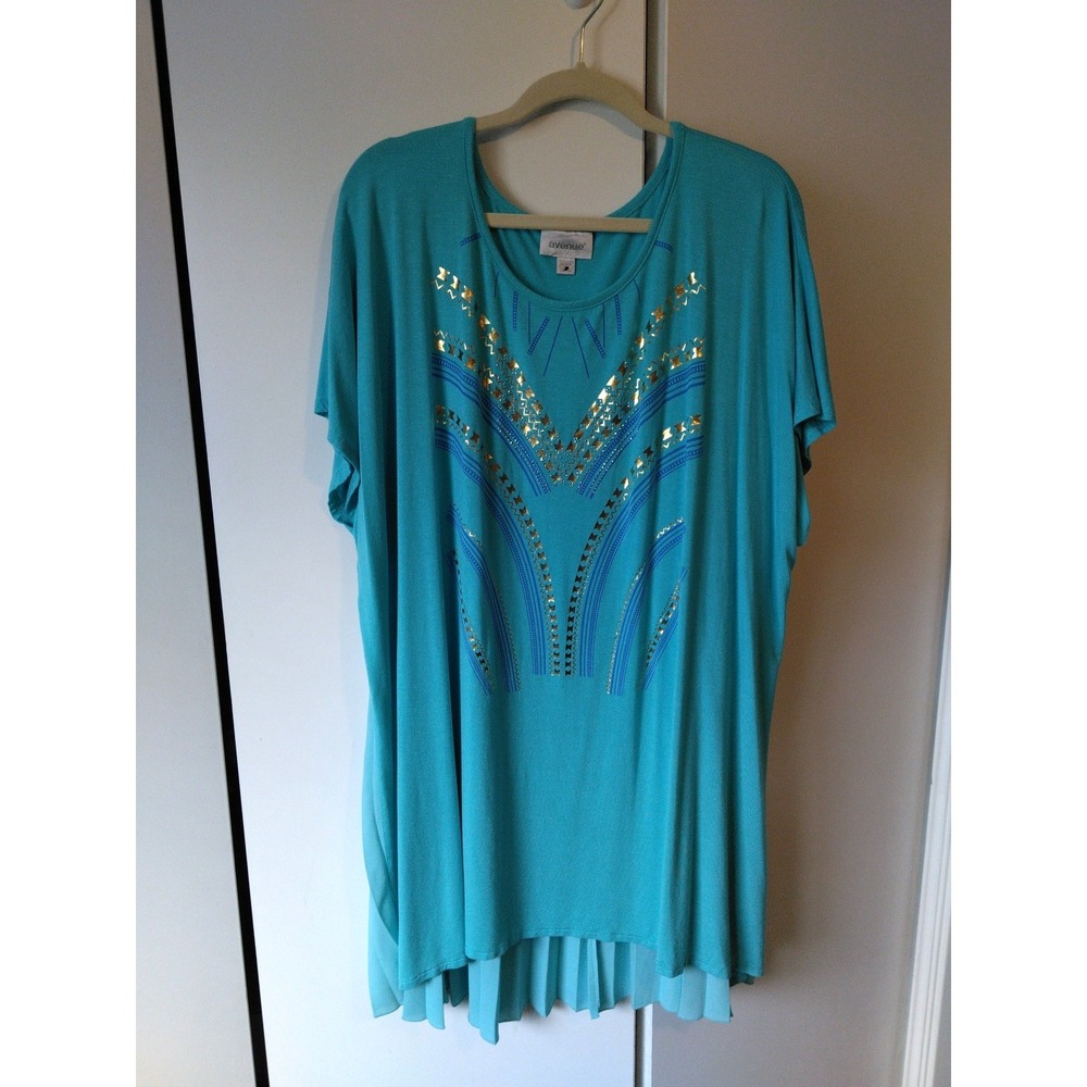 Avenue Womens Embellished Tunic Top Plus Size 30/32 Teal Chiffon Pleated Back